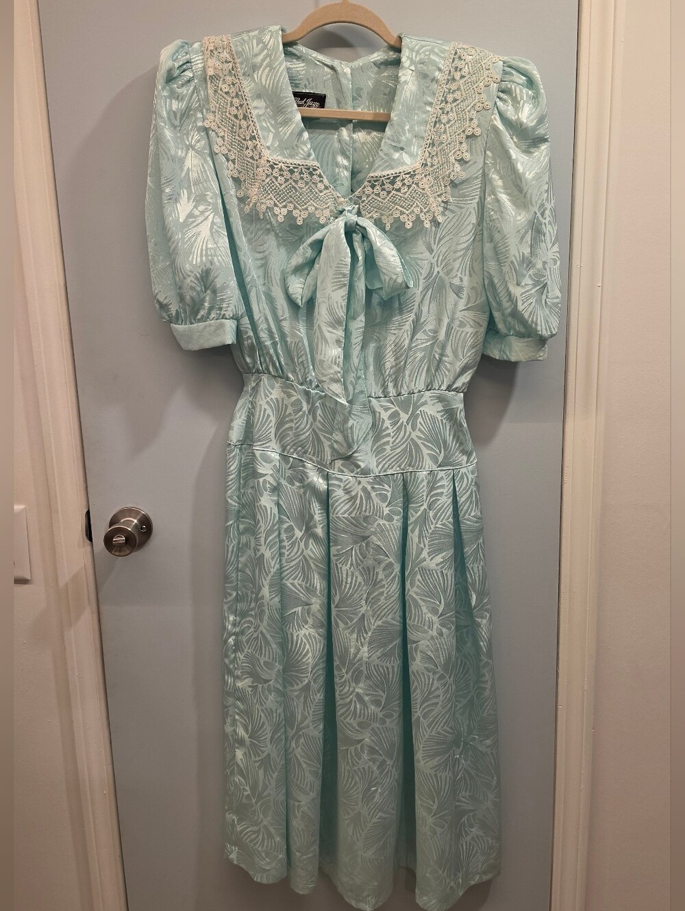 Vtg 80s All That Jazz Mint Satin Midi Dress Lace Collar Coquette Cottagecore XS